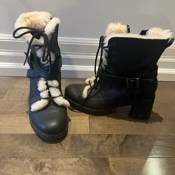 Ugg Ingrid Shearling Fur Combat Boots Black Size 7 Condition Good